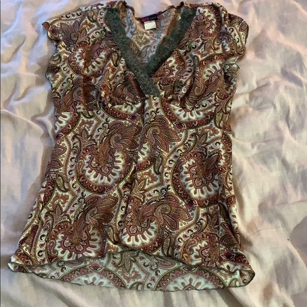 Pink, Brown, Tan, and Green Blouse